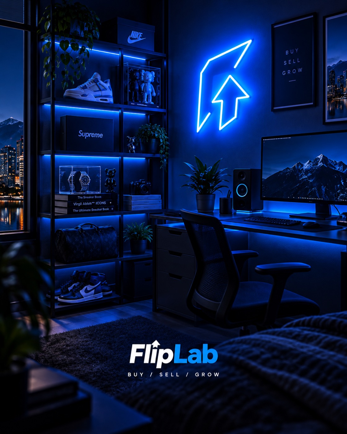A FlipLab setup lit in blue neon with sneakers, collectibles and the FlipLab logo on the wall